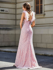 Plunging V-Neck Fitted High Slit Sequin Gown Blushing Pink