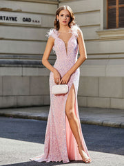Plunging V-Neck Fitted High Slit Sequin Gown Blushing Pink