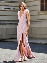 Plunging V-Neck Fitted High Slit Sequin Gown Blushing Pink
