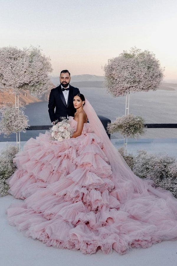 Layers Tulle Ball Gown Wedding Dress Drama Pink Wedding Dress TN333