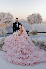 Layers Tulle Ball Gown Wedding Dress Drama Pink Wedding Dress TN333