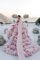 Layers Tulle Ball Gown Wedding Dress Drama Pink Wedding Dress TN333