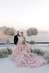Layers Tulle Ball Gown Wedding Dress Drama Pink Wedding Dress TN333