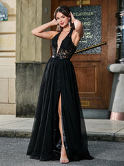 Halter Appliqued Corset High Slit Maxi Dress Black