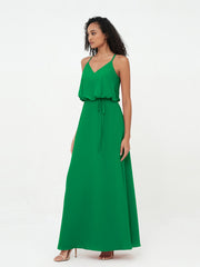 Spaghetti Staps V-neckline Chiffon Gowns-Emerald