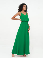 Spaghetti Staps V-neckline Chiffon Gowns-Emerald