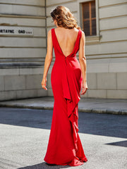 Sleeveless V Neck High Slit Jersey Gown Red