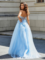 Flower Applique Bodice High Slit Tulle Dress Sky Blue