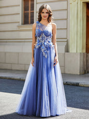 Flower Applique Bodice High Slit Tulle Dress Stormy