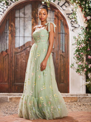 Sweetheart Appliqued Bodice Open Back Gowns with Shoulder Bow Dusty Sage