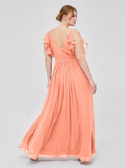 Spaghetti Strap Ruffles V-neck Chiffon Dresses Sunset