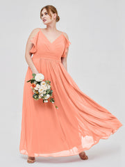 Spaghetti Strap Ruffles V-neck Chiffon Dresses Sunset