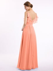 Spaghetti Strap Ruffles V-neck Chiffon Dresses Sunset