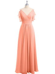 Spaghetti Strap Ruffles V-neck Chiffon Dresses Sunset