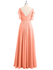 Spaghetti Strap Ruffles V-neck Chiffon Dresses Sunset