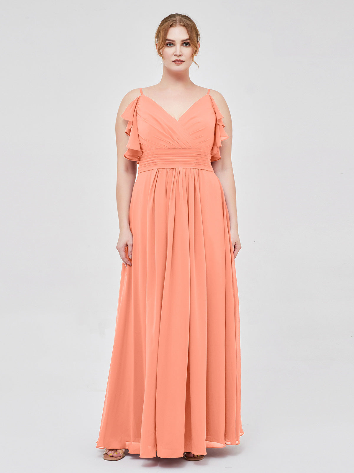 Spaghetti Strap Ruffles V-neck Chiffon Dresses Sunset