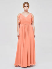 Spaghetti Strap Ruffles V-neck Chiffon Dresses Sunset