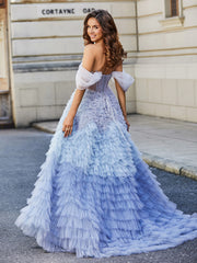 Off Shoulder Ruffle Tiered Tulle Ball Gown Dusty Blue