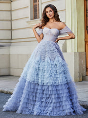 Off Shoulder Ruffle Tiered Tulle Ball Gown Dusty Blue