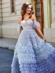 Off Shoulder Ruffle Tiered Tulle Ball Gown Dusty Blue