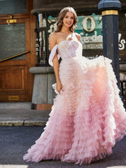 Off Shoulder Ruffle Tiered Tulle Ball Gown Pink