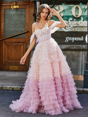 Off Shoulder Ruffle Tiered Tulle Ball Gown Pink