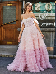 Off Shoulder Ruffle Tiered Tulle Ball Gown Pink