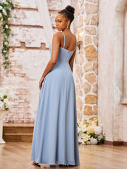 Sweetheart Neck Spaghetti Straps Chiffon Dresses with Slit Dusty Blue