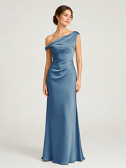 One-Shoulder Drape Satin Gown with Ruched Bodice Slate Blue