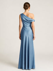 One-Shoulder Drape Satin Gown with Ruched Bodice Slate Blue