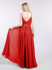 Spaghetti Strap Chiffon Bridesmaid Dress-Red