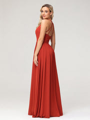 Halter Long Chiffon Gowns with Double Straps-Rust