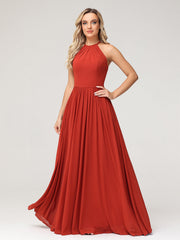 Halter Long Chiffon Gowns with Double Straps-Rust