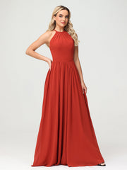 Halter Long Chiffon Gowns with Double Straps-Rust