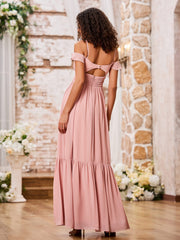 Spaghetti Straps Tiered Skirt Elastic Waist Chiffon Dresses Dusty Rose