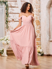 Spaghetti Straps Tiered Skirt Elastic Waist Chiffon Dresses Dusty Rose