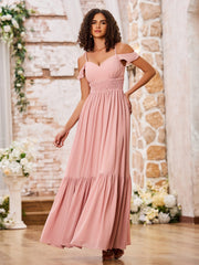 Spaghetti Straps Tiered Skirt Elastic Waist Chiffon Dresses Dusty Rose