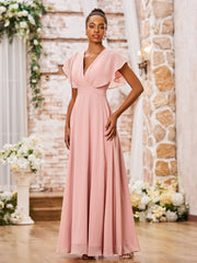 A-line Deep V-neck Long Chiffon Cap Sleeves Dresses Dusty Rose