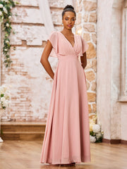 A-line Deep V-neck Long Chiffon Cap Sleeves Dresses Dusty Rose