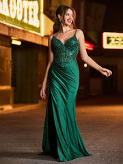 Appliqued Corset High Slit Shine Satin Maxi Dress Dark Green