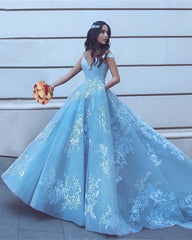 Light Blue Ball Gown Appliques Prom Dresses Off Shoulder