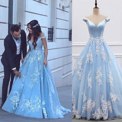 Light Blue Ball Gown Appliques Prom Dresses Off Shoulder