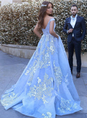 Light Blue Ball Gown Appliques Prom Dresses Off Shoulder