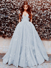 Light Blue Ball Gown Appliques Prom Dresses Off Shoulder