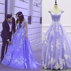 Light Blue Ball Gown Appliques Prom Dresses Off Shoulder