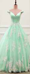 Light Blue Ball Gown Appliques Prom Dresses Off Shoulder