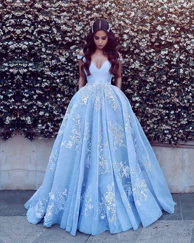 Light Blue Ball Gown Appliques Prom Dresses Off Shoulder