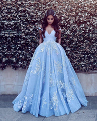Light Blue Ball Gown Appliques Prom Dresses Off Shoulder