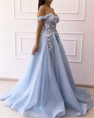 Light Blue Tulle Corset Prom Dresses With Flowers