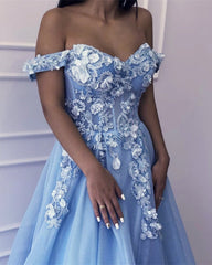 Light Blue Tulle Corset Prom Dresses With Flowers